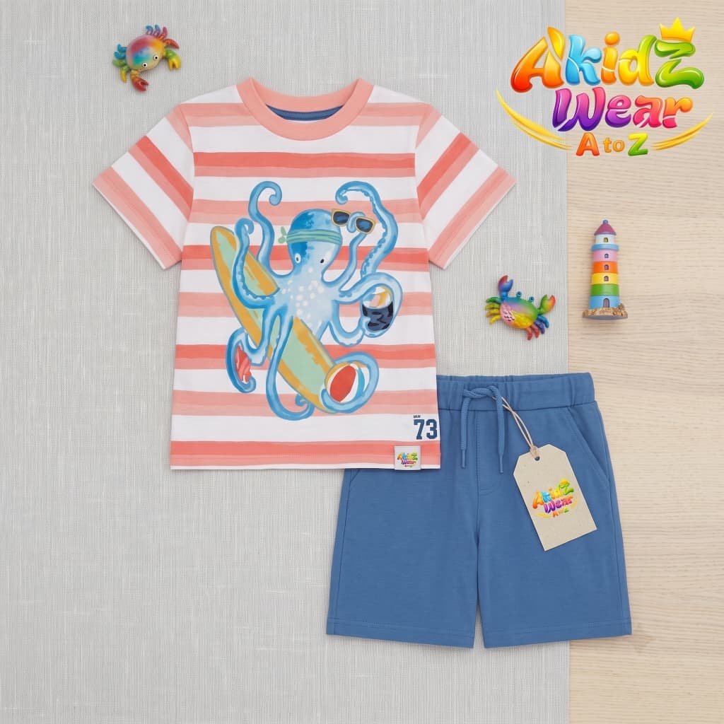 Octopus Surfboard Striped Tee & Shorts Set for Kids | AkidZ Wear Kids collection Pakistan